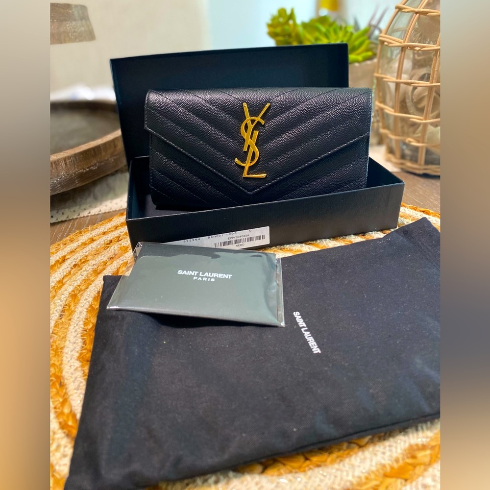 Yves Saint Laurent Large Flap Wallet - Grain de Poudre Embossed Leather (NEW)